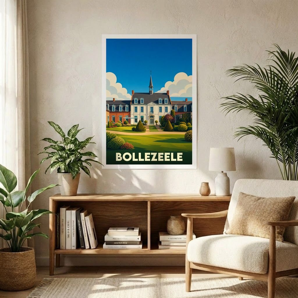 Affiche souvenir de la ville de Bollezeele présentant une illustration stylisée de son patrimoine architectural dans un cadre verdoyant.