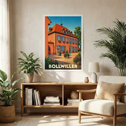 Affiche souvenir de la ville de Bollwiller avec une illustration colorée et stylisée d'un bâtiment traditionnel alsacien.