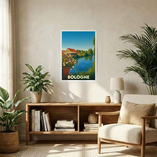 Affiche souvenir de la ville de Bologne illustrant un paysage de bord de l'eau paisible et ensoleillé.