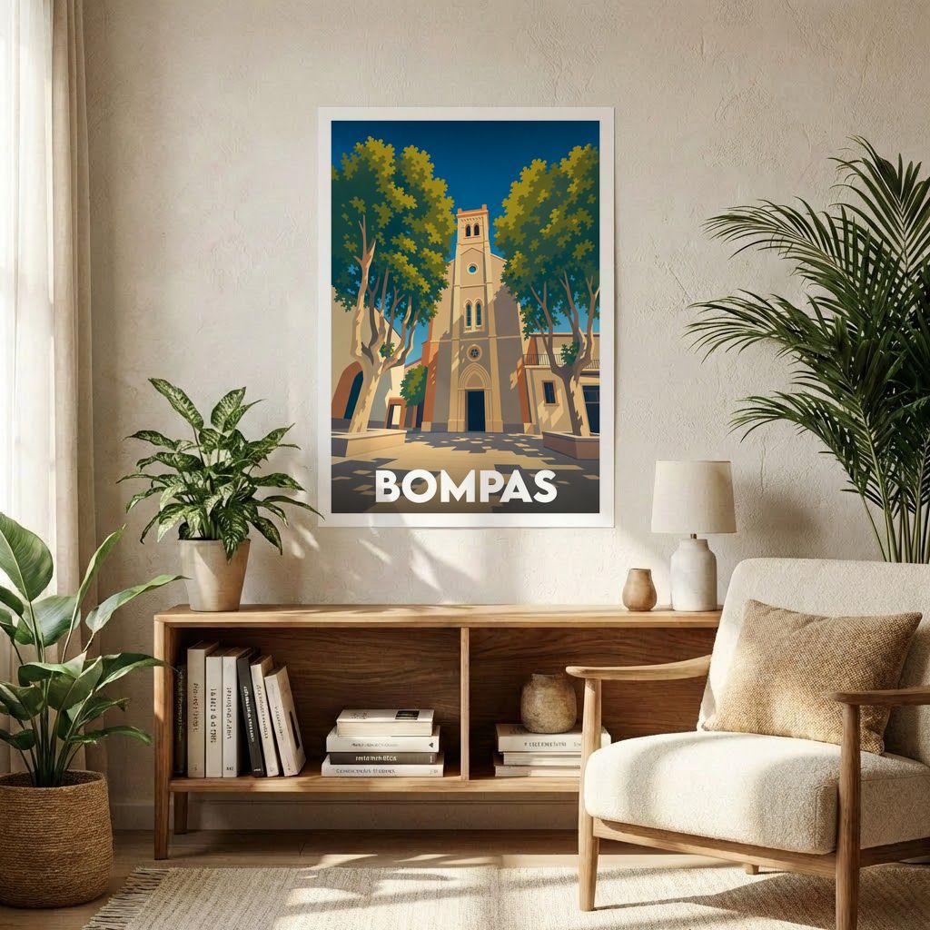 Affiche souvenir de la ville de Bompas présentant une illustration stylisée de son église entourée de platanes.