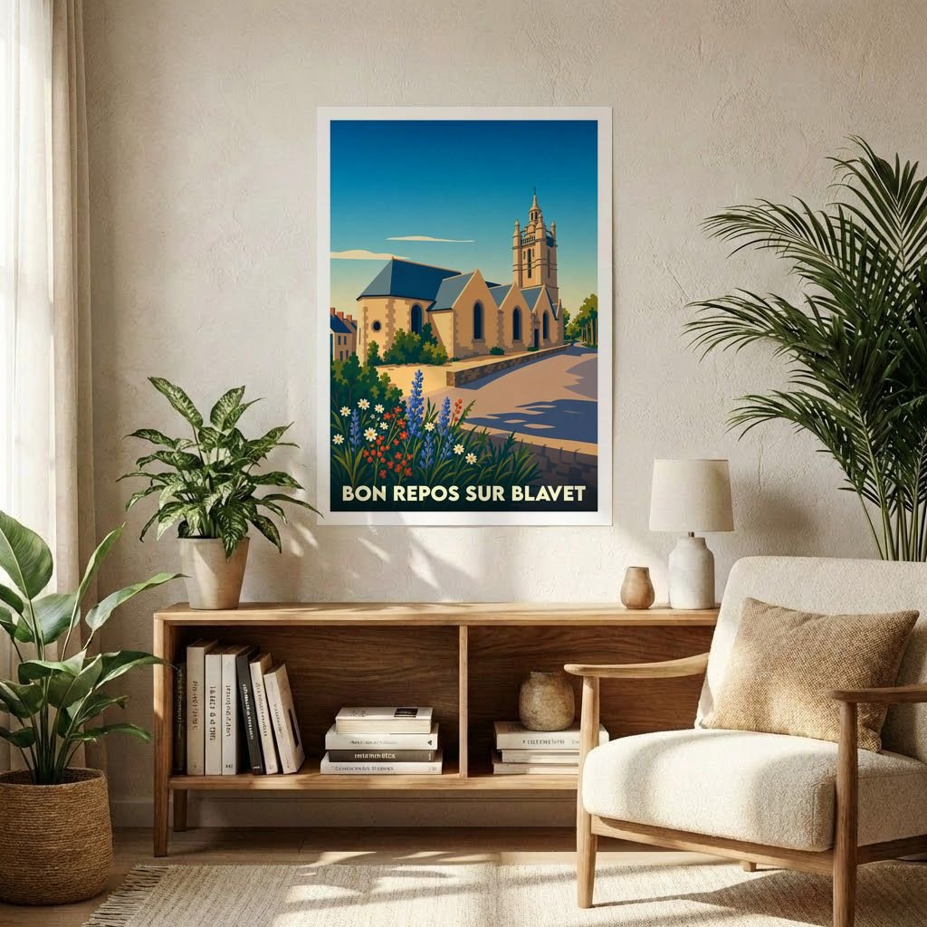 Affiche souvenir de la ville de Bon Repos sur Blavet avec une illustration stylisée.
