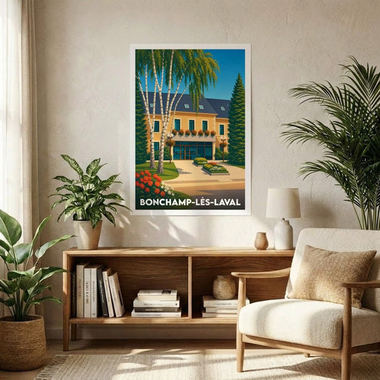 Affiche souvenir de la ville de Bonchamp-lès-Laval avec une illustration stylisée de l'hôtel de ville et de ses jardins.