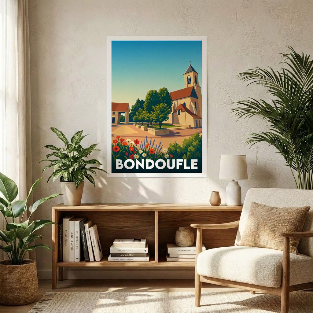 Affiche souvenir de la ville de Bondoufle avec une illustration stylisée et colorée de son église.
