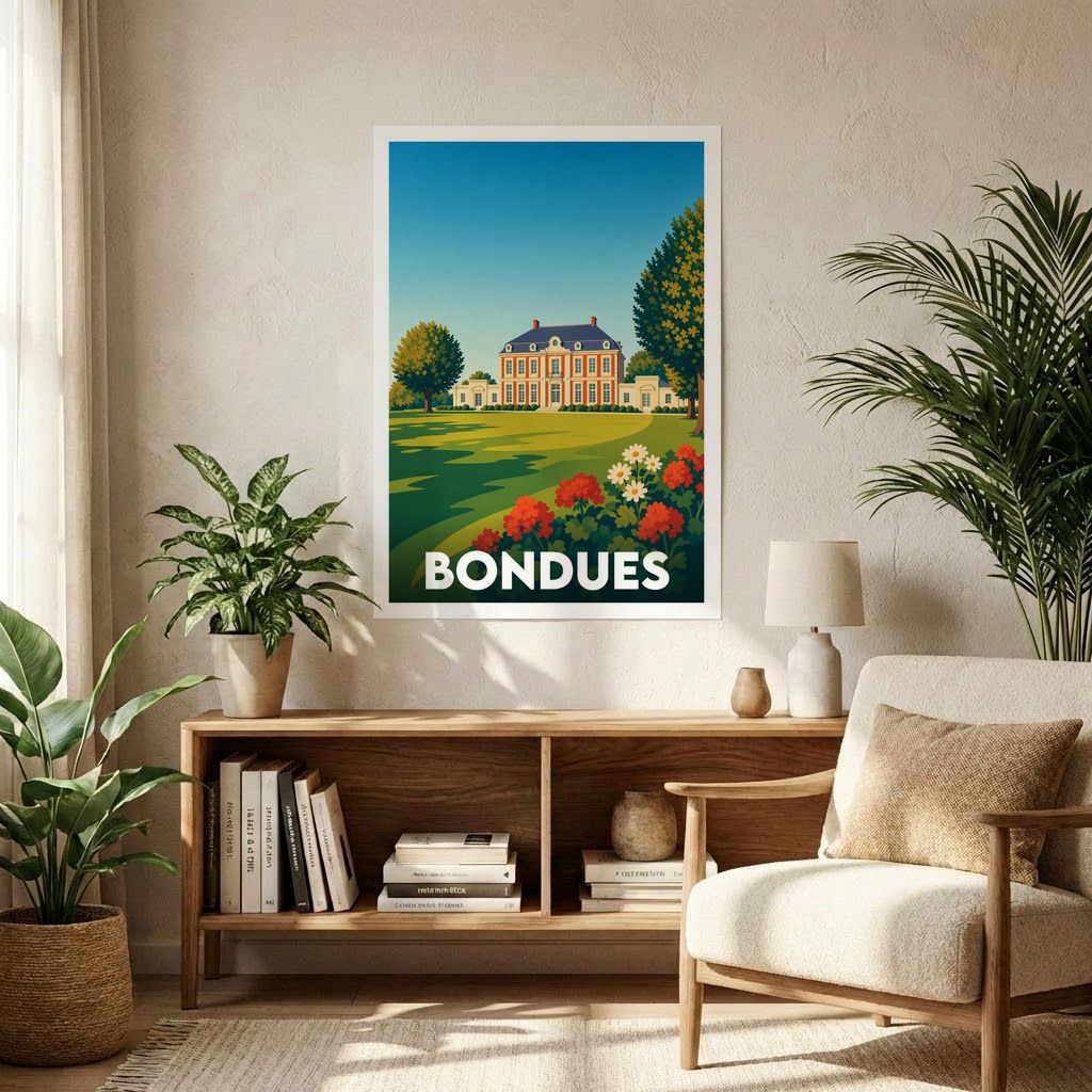 Affiche souvenir de la ville de Bondues illustrant un château et son parc dans un style vintage épuré.