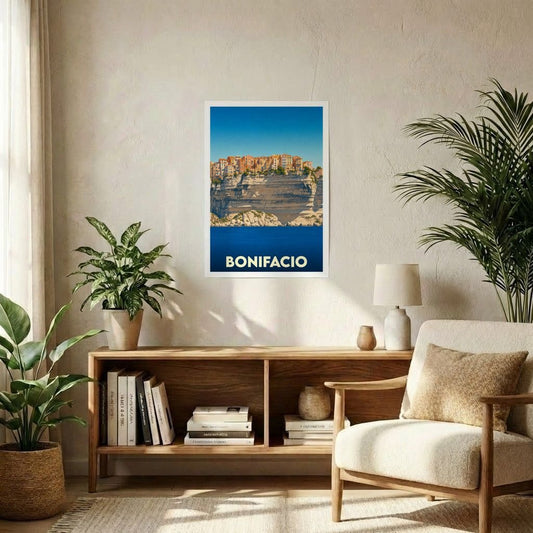 Affiche de voyage de la ville de Bonifacio représentant ses célèbres falaises calcaires surplombant la mer.