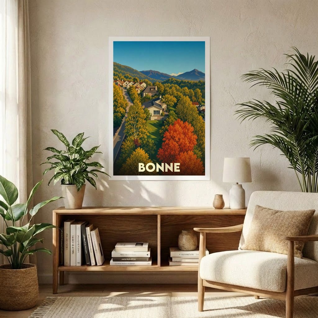 Affiche souvenir de la ville de Bonne présentant une illustration de paysage automnal.