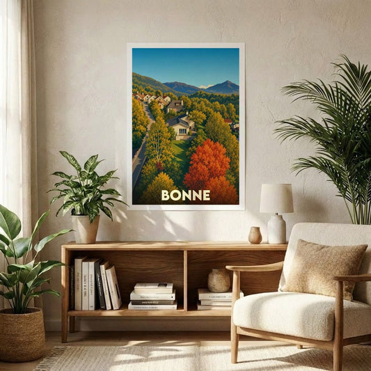 Affiche souvenir de la ville de Bonne présentant une illustration de paysage automnal.