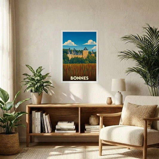 Affiche souvenir de la ville de Bonnes avec une illustration stylisée représentant son château.