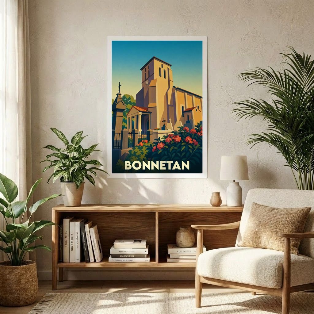 Affiche souvenir de la ville de Bonnetan avec une illustration stylisée de son église.