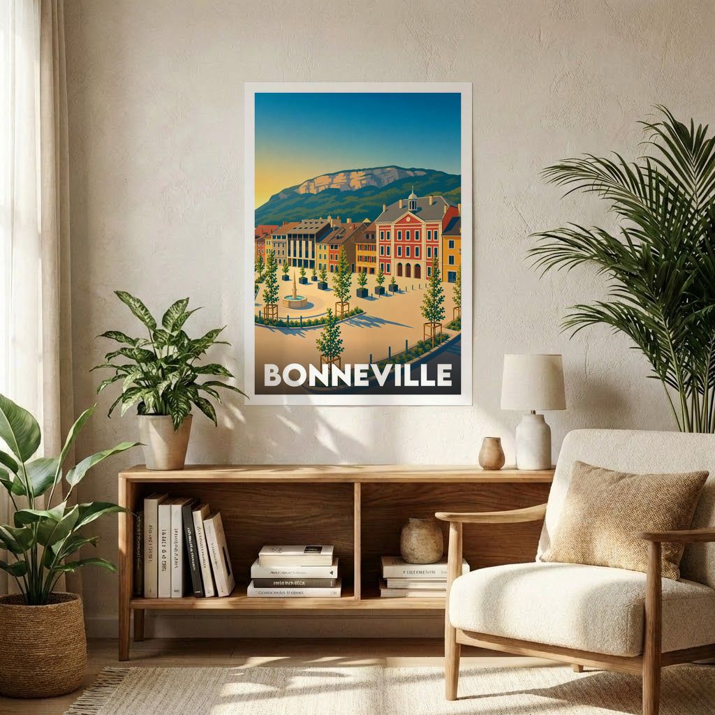 Affiche souvenir de la ville de Bonneville avec une illustration stylisée et colorée de sa place principale au pied des montagnes.