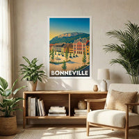 Affiche souvenir de la ville de Bonneville avec une illustration stylisée et colorée de sa place principale au pied des montagnes.