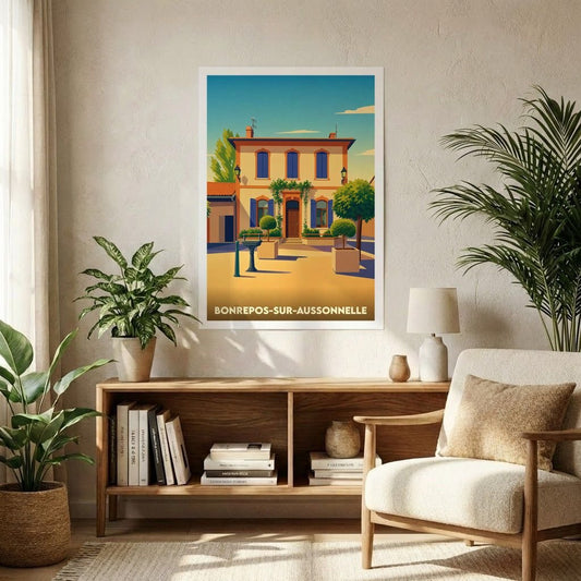 Affiche souvenir de la ville de Bonrepos-sur-Aussonnelle avec une illustration stylisée d'une demeure traditionnelle sous un ciel azur.