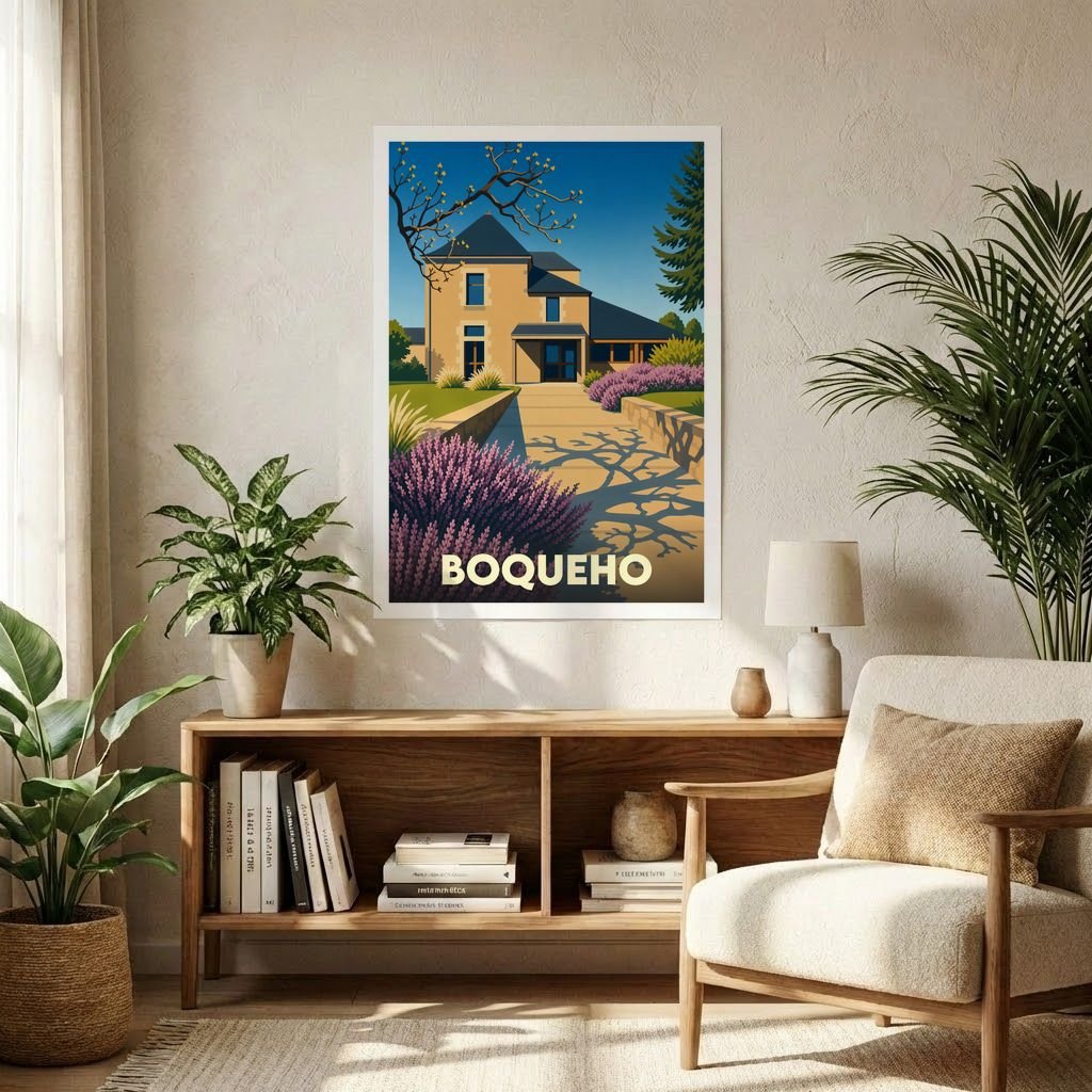 Affiche souvenir de la ville de Boqueho présentant une illustration stylisée d'une maison régionale et de jardins fleuris.