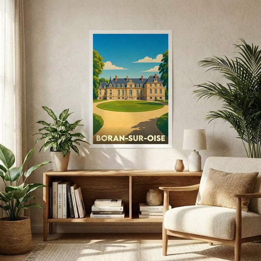 Affiche souvenir de la ville de Boran-sur-Oise avec une illustration stylisée d'un château.