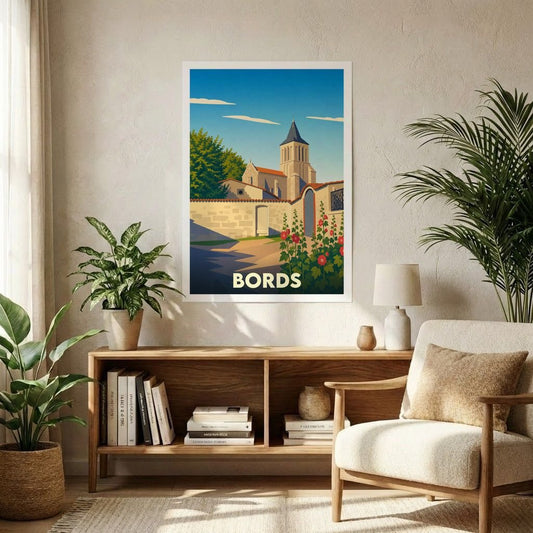 Affiche souvenir de la ville de Bords présentant une illustration stylisée de son église sous un ciel bleu.