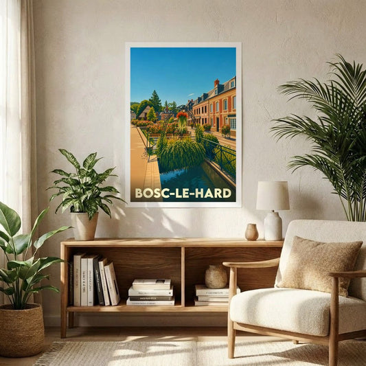 Affiche souvenir de la ville de Bosc-le-Hard avec une illustration colorée et stylisée d'un canal fleuri.