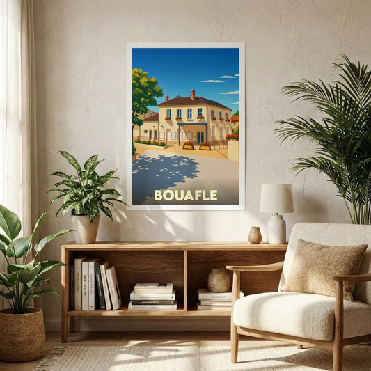 Affiche souvenir de la ville de Bouafle avec une illustration stylisée d'un bâtiment ensoleillé.