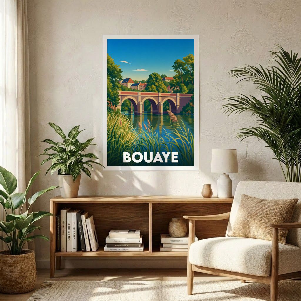 Affiche souvenir de la ville de Bouaye représentant un pont au-dessus de l'eau avec une illustration stylisée.