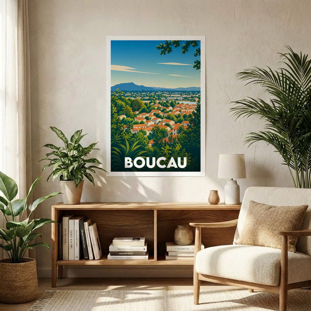 Affiche souvenir de la ville de Boucau avec une illustration paysagère stylisée.