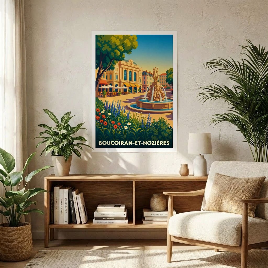 Affiche souvenir de la ville de Boucoiran-et-Nozières avec une illustration stylisée d'une place ensoleillée et sa fontaine.