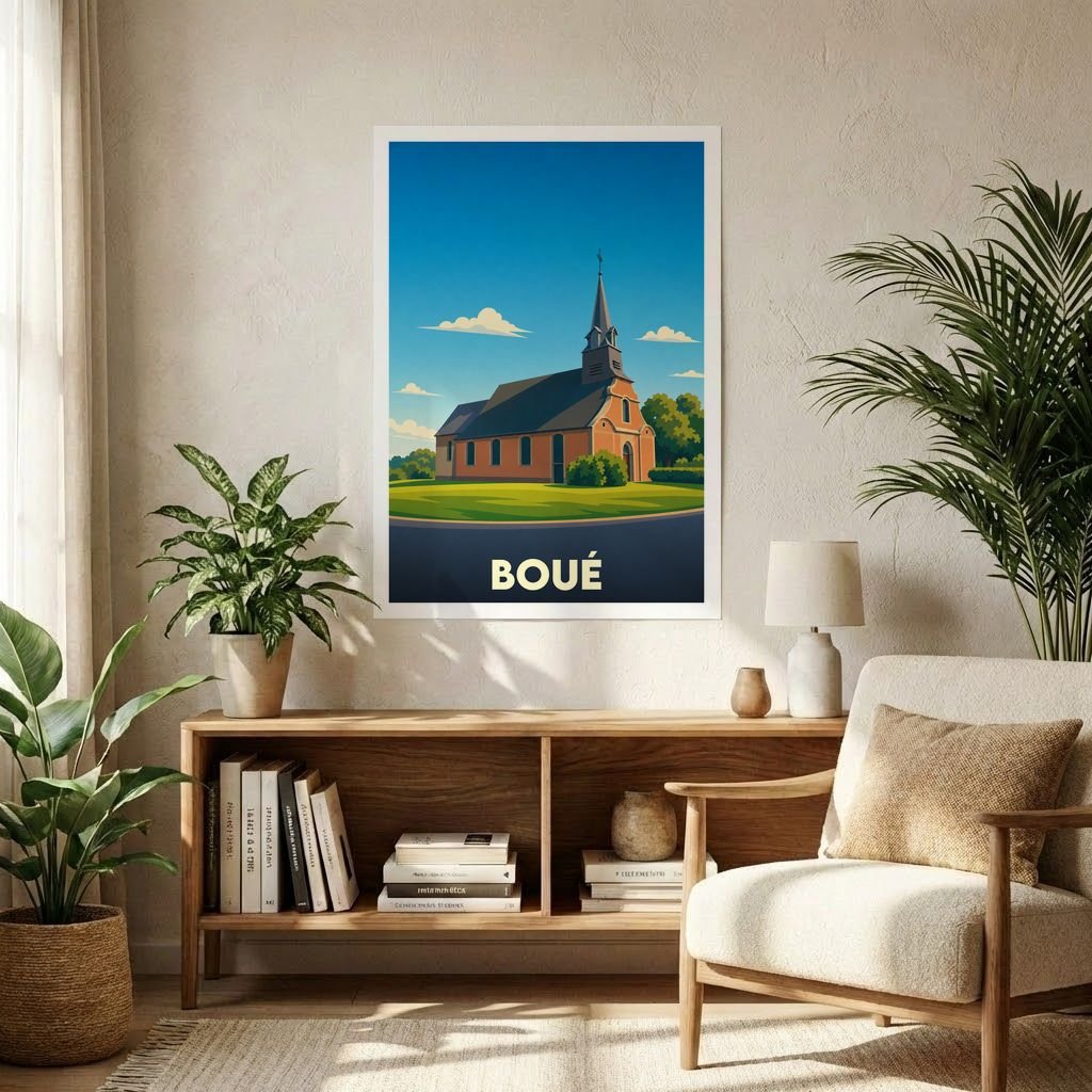 Affiche souvenir de la ville de Boué illustrant son église dans un style graphique épuré.