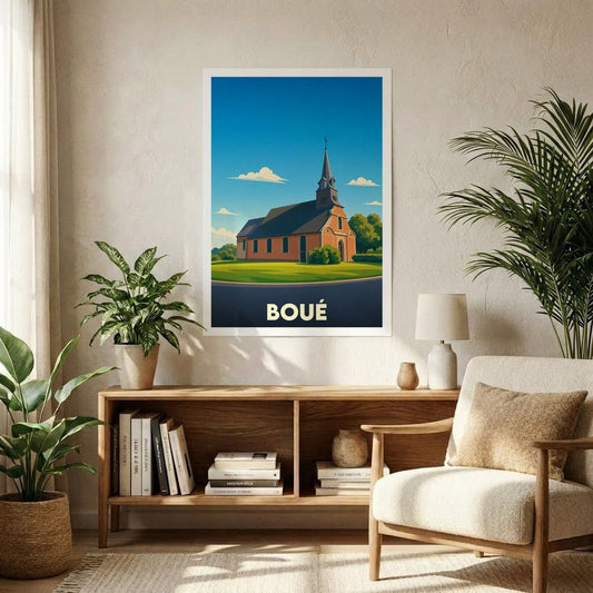 Affiche souvenir de la ville de Boué illustrant son église dans un style graphique épuré.