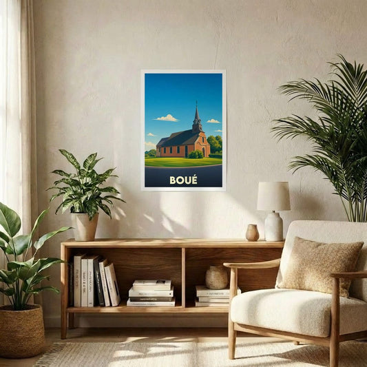 Affiche souvenir de la ville de Boué avec une illustration stylisée d'une église sous un ciel bleu.