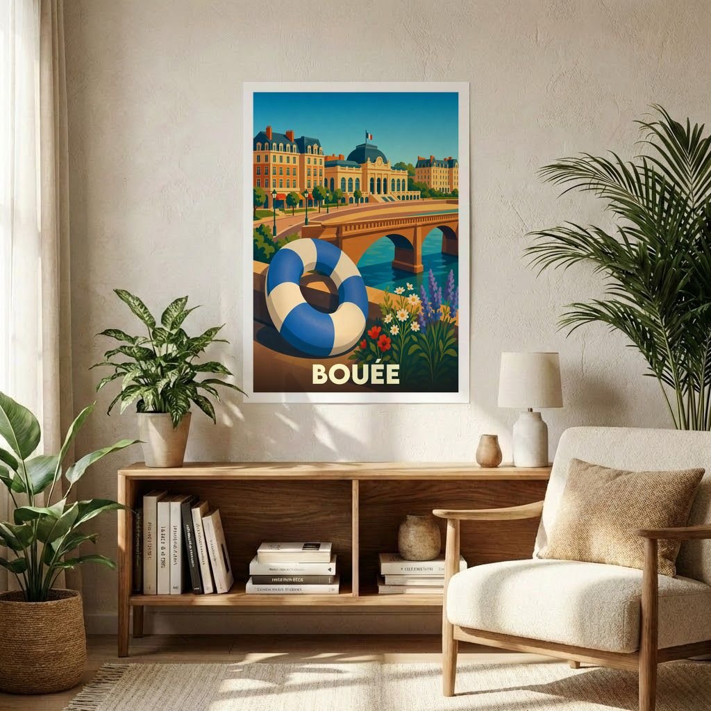 Affiche souvenir de la ville de Bouée avec une illustration stylisée d'une bouée de sauvetage au bord de l'eau.