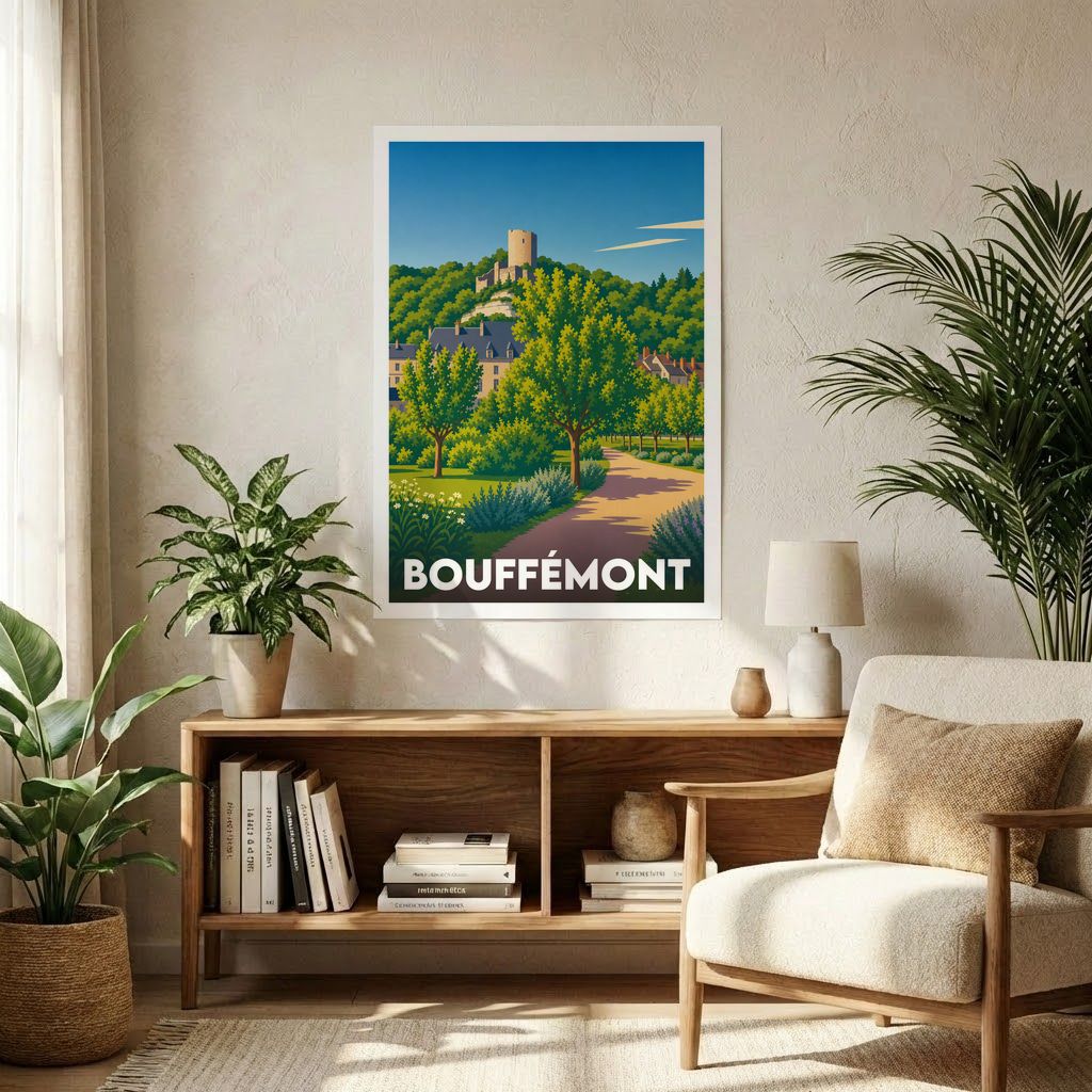 Affiche souvenir de la ville de Bouffémont présentant une illustration stylisée d'un paysage verdoyant avec château et clocher.