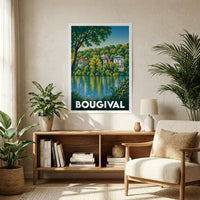 Affiche souvenir de la ville de Bougival avec une illustration stylisée de maisons au bord de l'eau.