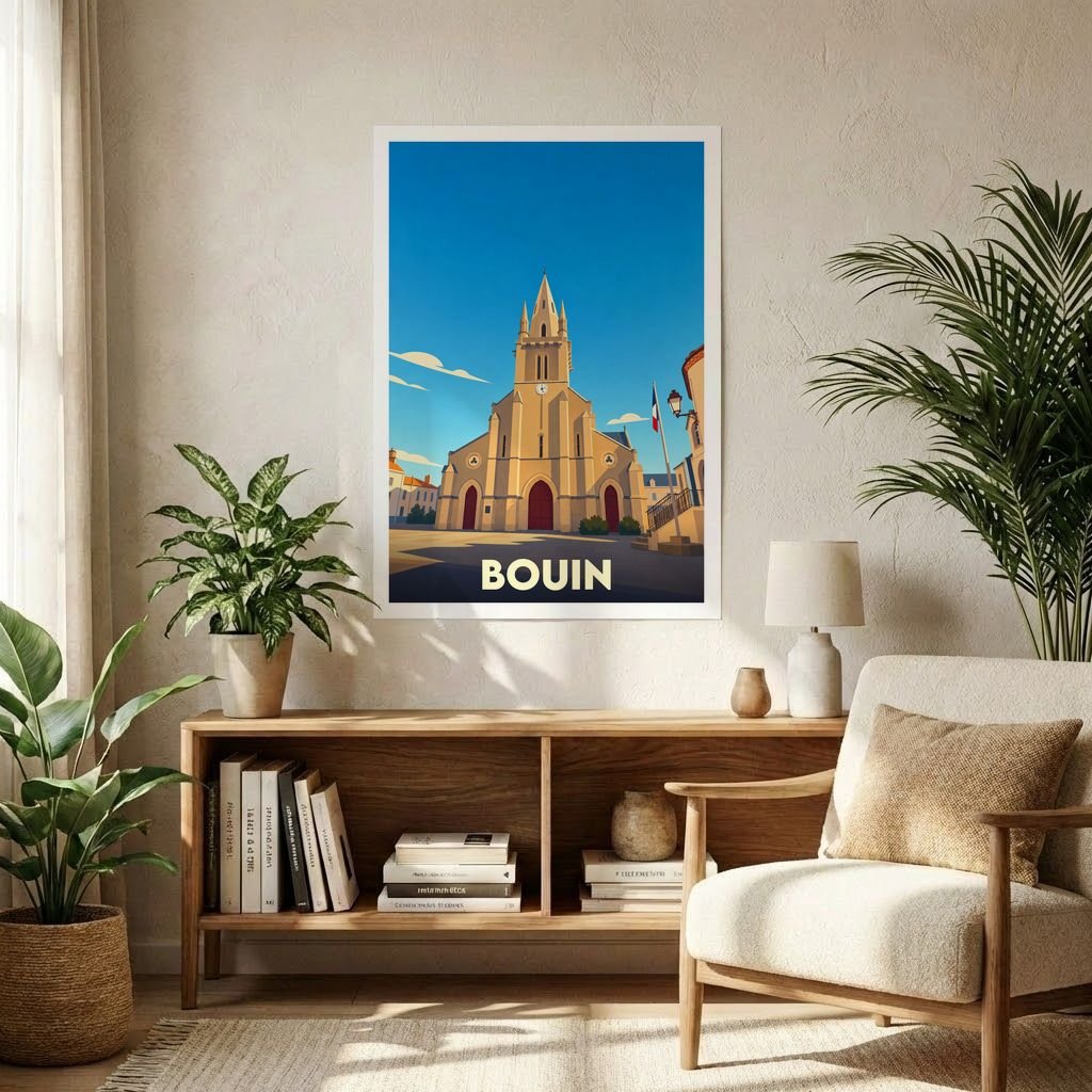 Affiche souvenir de la ville de Bouin avec une illustration stylisée de son église sous un ciel bleu.