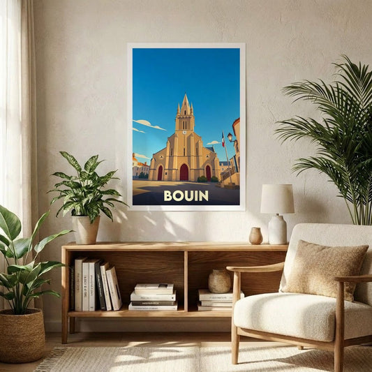 Affiche souvenir de la ville de Bouin avec une illustration stylisée de son église sous un ciel bleu.