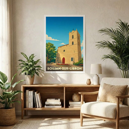 Affiche souvenir de la ville de Boujan-sur-Libron représentant son église dans un style graphique épuré.
