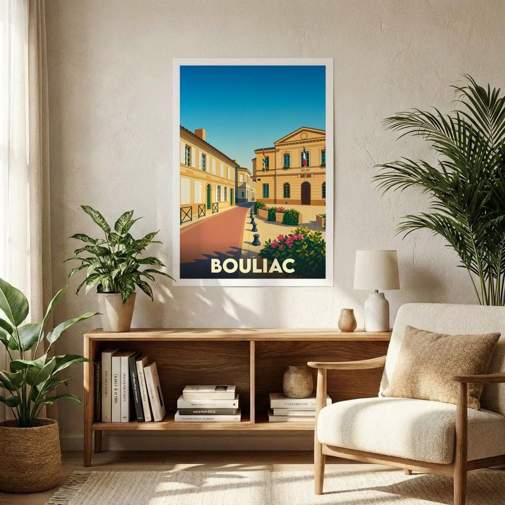 Affiche souvenir de la ville de Bouliac avec une illustration stylisée et colorée de son centre-ville.