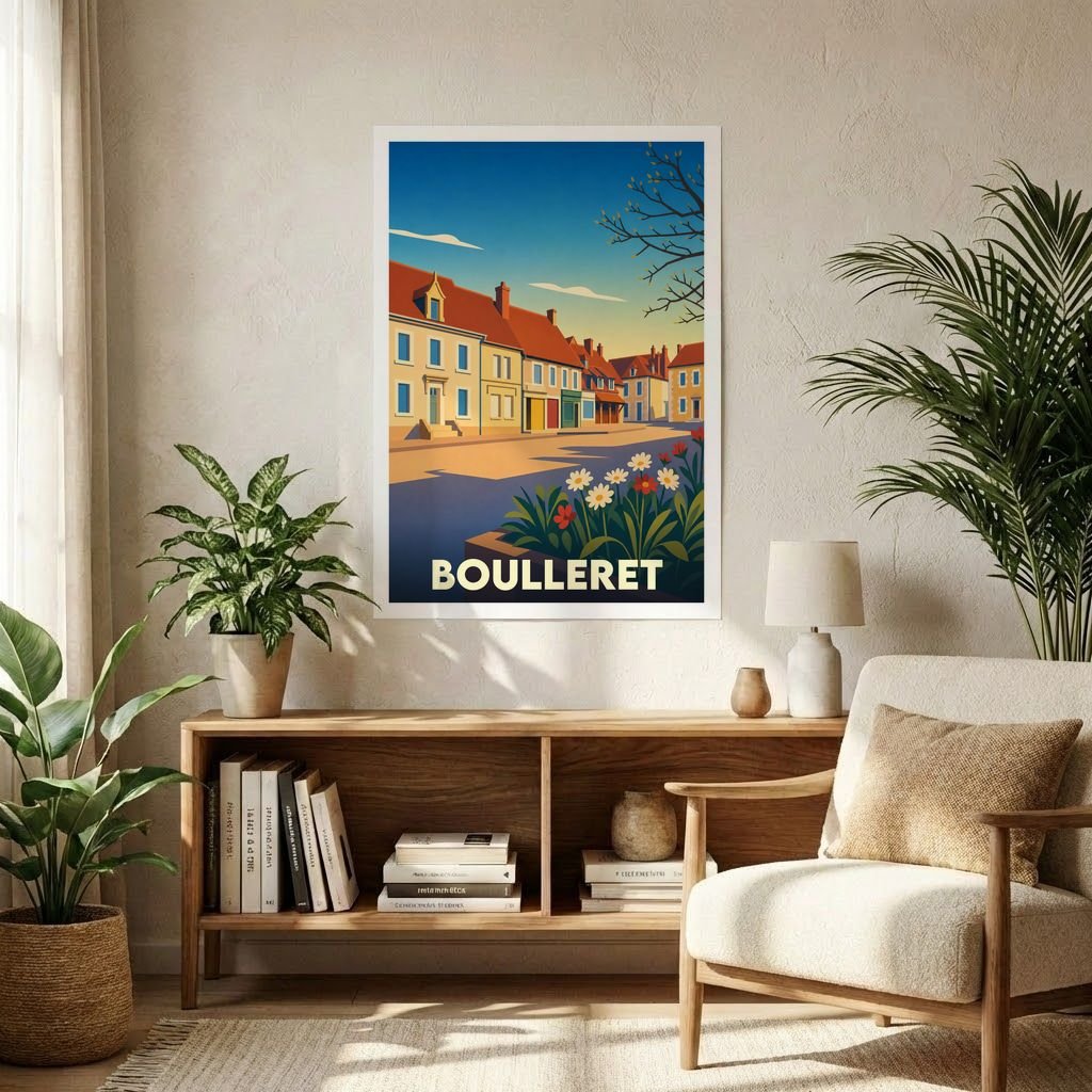 Affiche souvenir de la ville de Boulleret avec une illustration stylisée et colorée de ses rues.