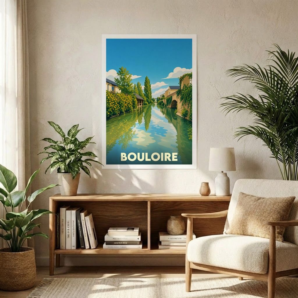 Affiche souvenir de la ville de Bouloire illustrant un canal paisible bordé de maisons et de végétation.