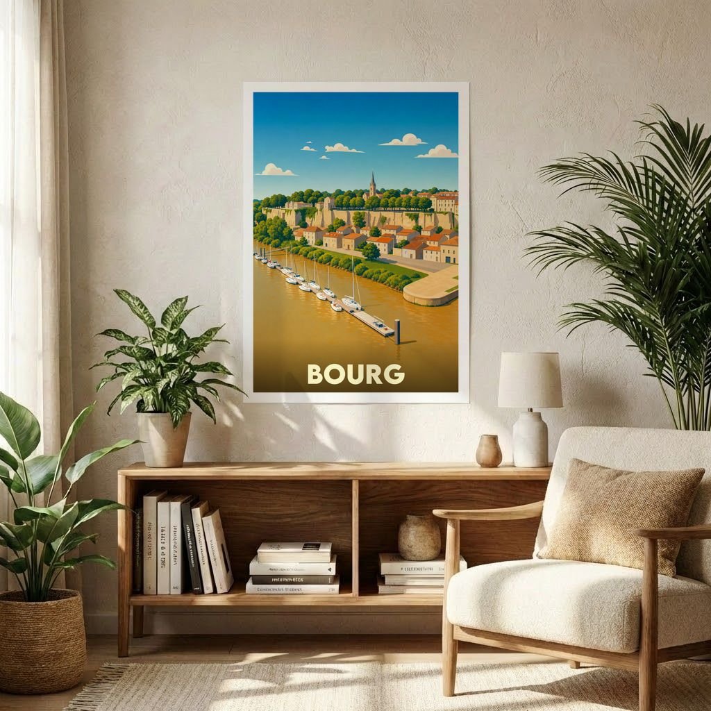 Affiche souvenir de la ville de Bourg avec une illustration stylisée de son port et de ses remparts.