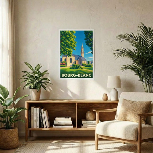 Affiche souvenir de la ville de Bourg-Blanc illustrant son église dans un style graphique et coloré.