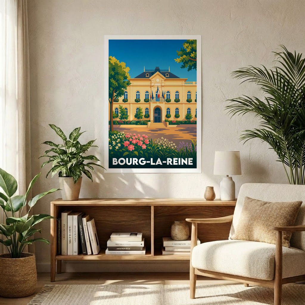 Affiche souvenir de la ville de Bourg-la-Reine avec une illustration stylisée de son hôtel de ville.