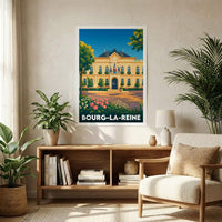 Affiche souvenir de la ville de Bourg-la-Reine avec une illustration stylisée de son hôtel de ville.
