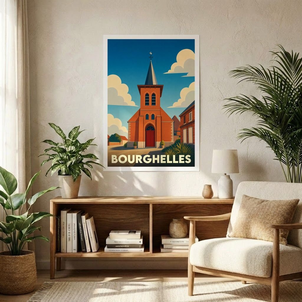 Affiche souvenir de la ville de Bourghelles avec une illustration stylisée de son église.
