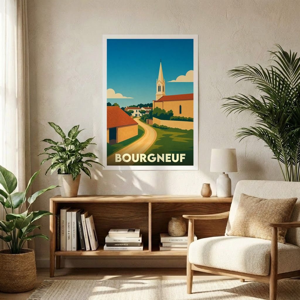 Affiche souvenir de la ville de Bourgneuf présentant une illustration stylisée d'un paysage de campagne avec son église.