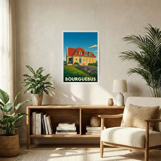 Affiche souvenir de la ville de Bourguébus avec une illustration stylisée représentant une maison normande.