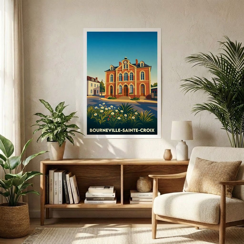 Affiche souvenir de la ville de Bourneville-Sainte-Croix avec une illustration stylisée de son architecture.