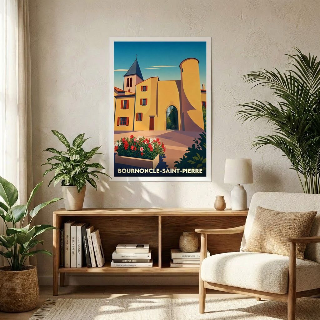 Affiche souvenir de la ville de Bournoncle-Saint-Pierre avec une illustration stylisée d'un paysage urbain historique.