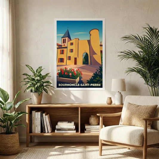 Affiche souvenir de la ville de Bournoncle-Saint-Pierre avec une illustration stylisée d'un paysage urbain historique.