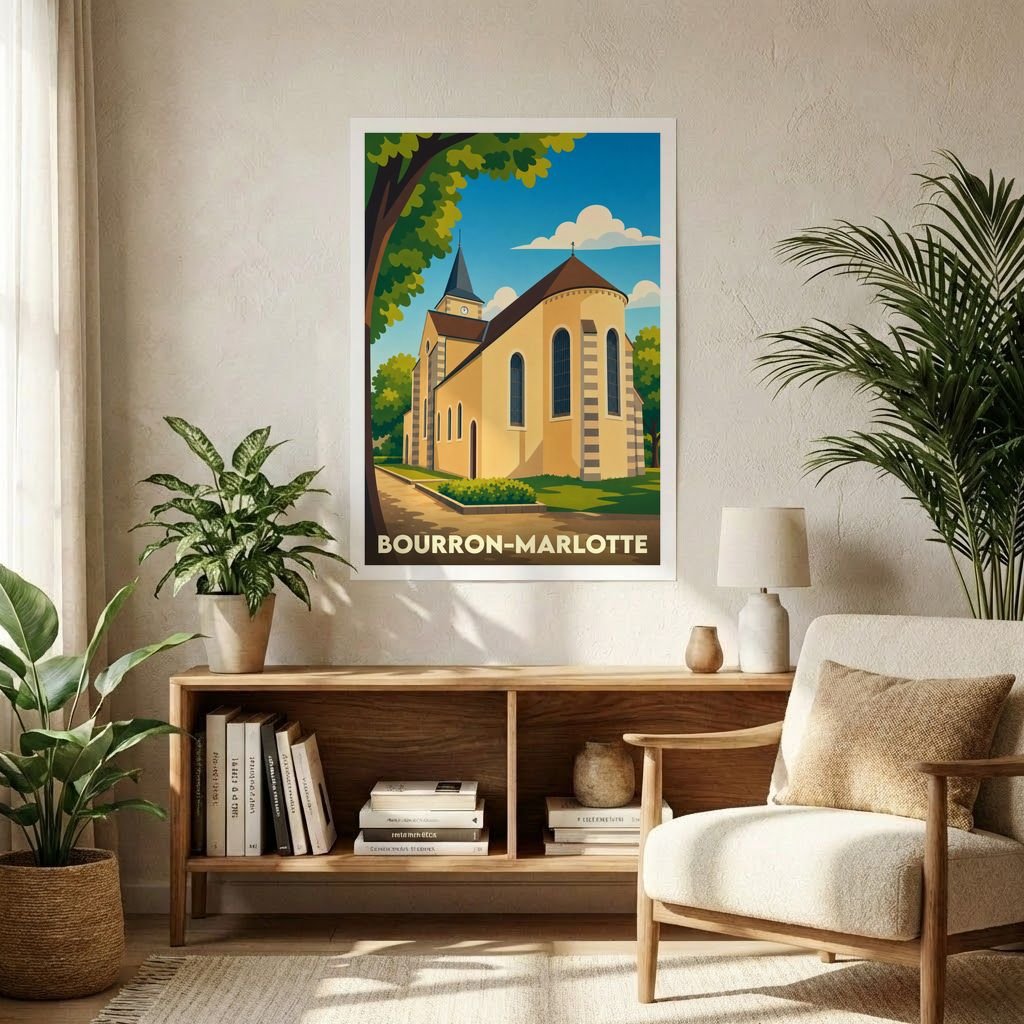 Affiche souvenir de la ville de Bourron-Marlotte avec une illustration stylisée de son église.