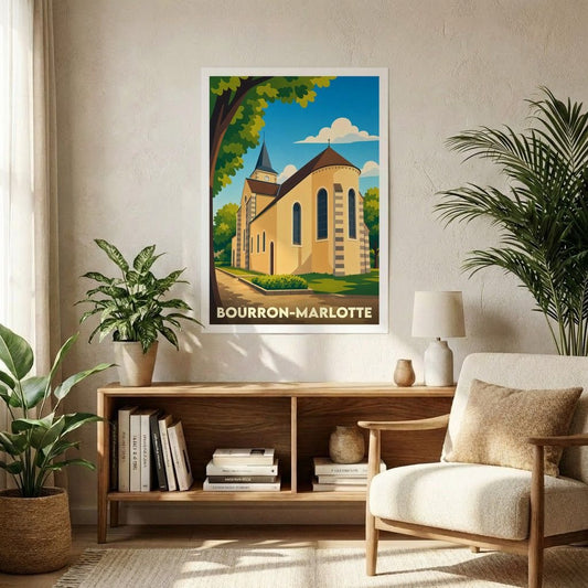 Affiche souvenir de la ville de Bourron-Marlotte avec une illustration stylisée de son église.