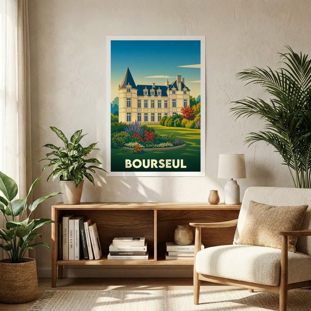 Affiche souvenir de la ville de Bourseul représentant un château illustré dans un style vintage.