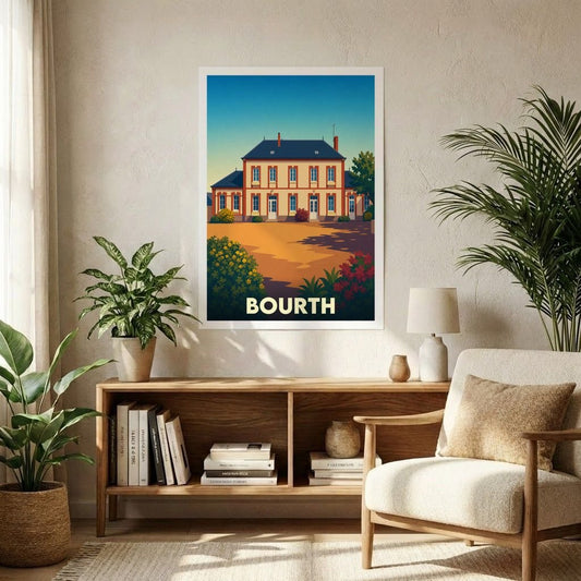 Affiche souvenir de la ville de Bourth avec une illustration stylisée d'un bâtiment traditionnel.